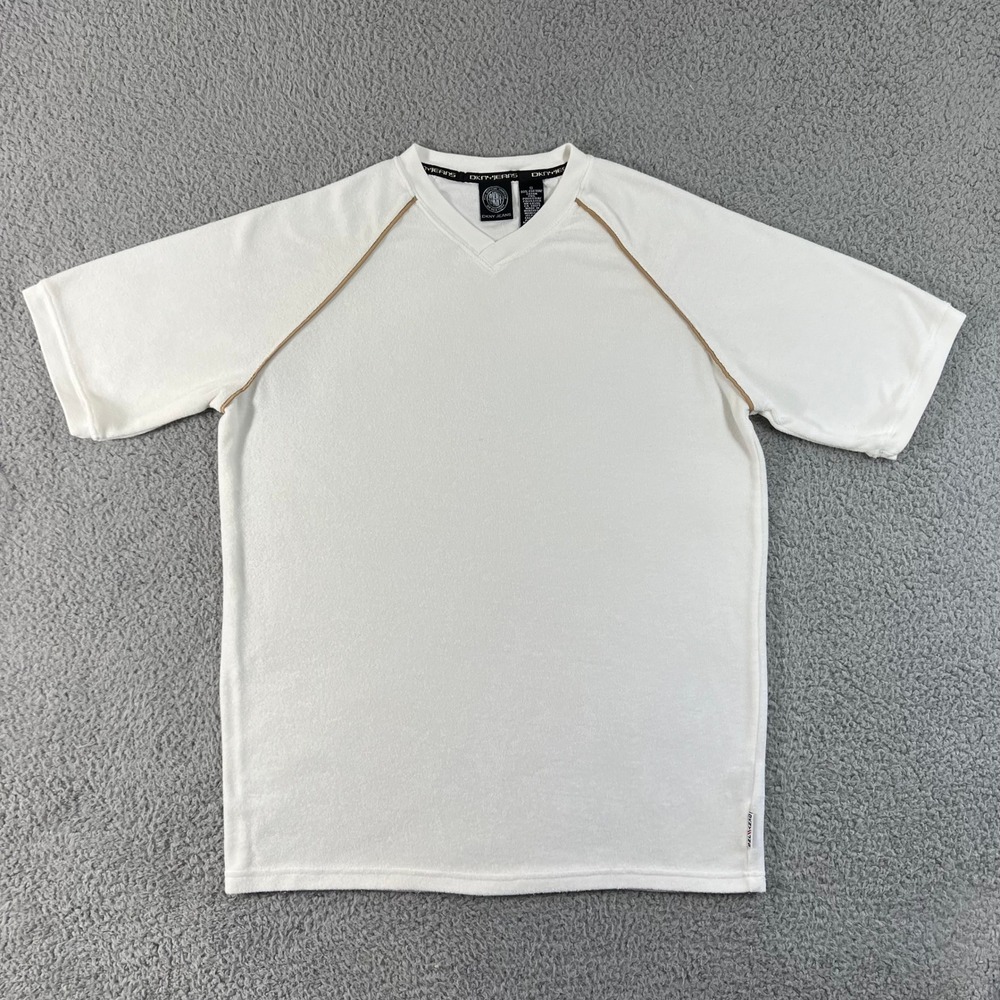 DKNY Jeans T Shirt Men's S White Terry Cloth Raglan V Neck Contrast Piping VTG